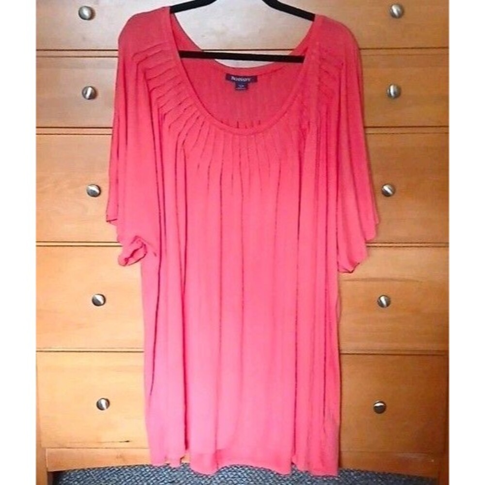 Roaman's Womens 4X 34/36 Solid Pink Pleated Scoop Neck Short Flared Slv Knit Top